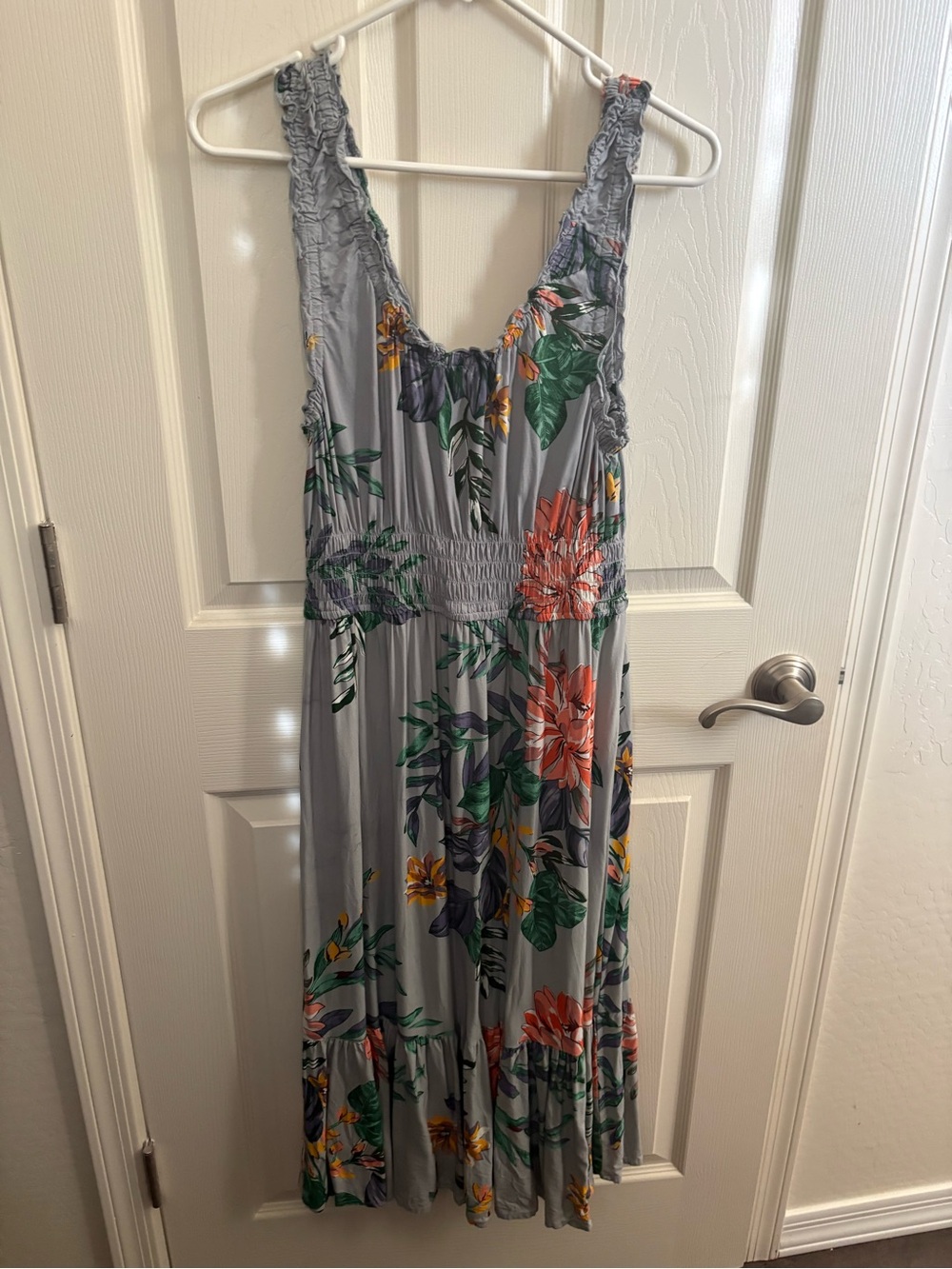 Patrons of Peace  Blue/Grey Floral Midi Dress with Smocked Waist